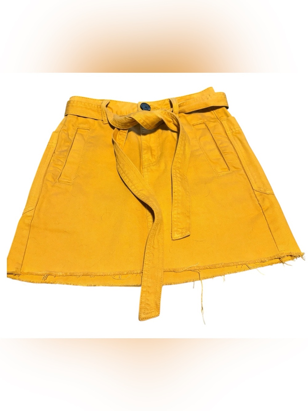 PacSun Mustard Yellow Denim Mini Skirt Belted Raw Hem‎ Pockets Size 23
